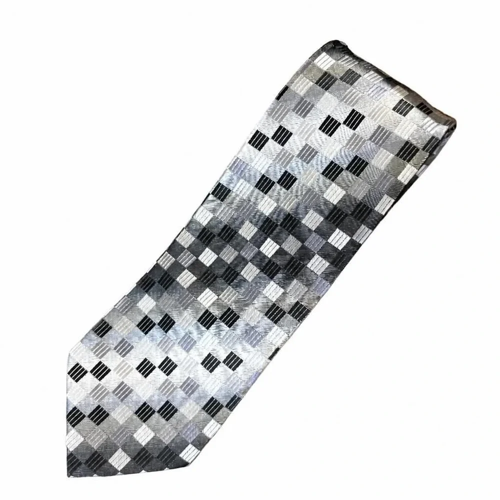Pierre Cardin Tie Mens Gray Black Metallic Grid Geometric Checkerboard